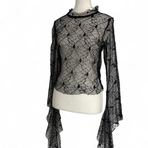Black Whimsy Goth Grunge Emo Spider Web Mesh Sheer Lace Long Sleeve Size Small - Picture 4 of 7